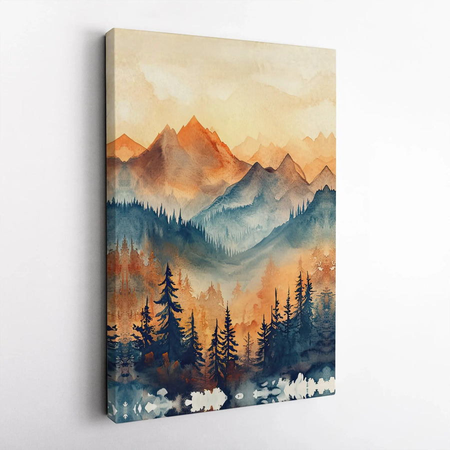 Watercolor Mountain Canvas Print | Orange and Blue Forest Landscape | 1.25 Inch Gallery Wrap | Nature-Inspired Premium Wall Art for Modern Home