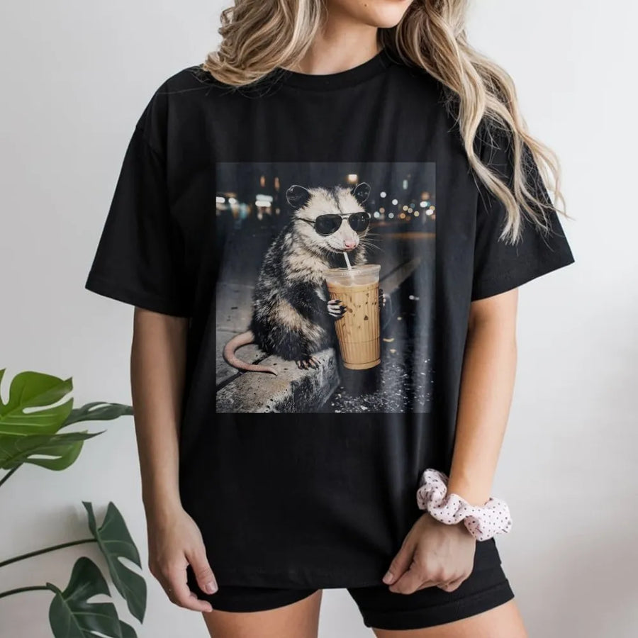 Funny Opossum Meme T-Shirt | Possum Drinking Iced Coffee Graphic | Cozy Unisex Crewneck | Vintage 90s Streetwear Gift for Animal Lovers