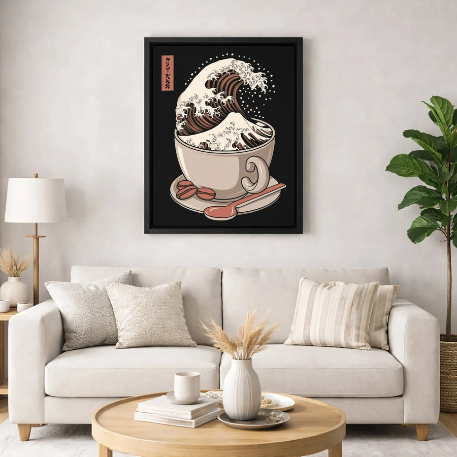 Japanese Great Wave Coffee Canvas Art | Kanagawa Inspired Coffee Cup Print | Gallery Quality 1.25 Inch Canvas | Premium Decor for Coffee Lovers