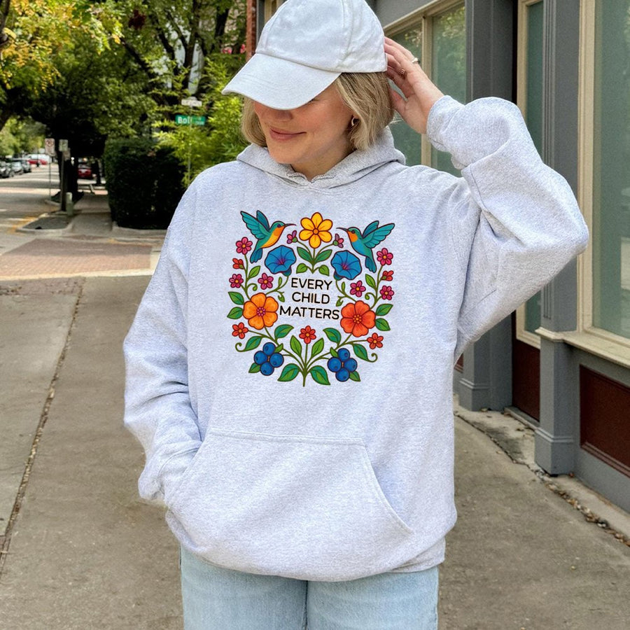 Every Child Matters Hoodie | Floral Hummingbird Indigenous Design | Cotton-Poly Blend Sweatshirt | Orange Shirt Day Awareness Gift