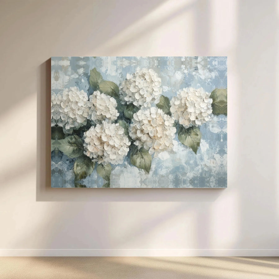White Hydrangea Floral Canvas Wall Art | Textured Abstract Blue Botanical Print | 1.25 Inch Gallery Wrap | Elegant Home Decor Gift for Living Room
