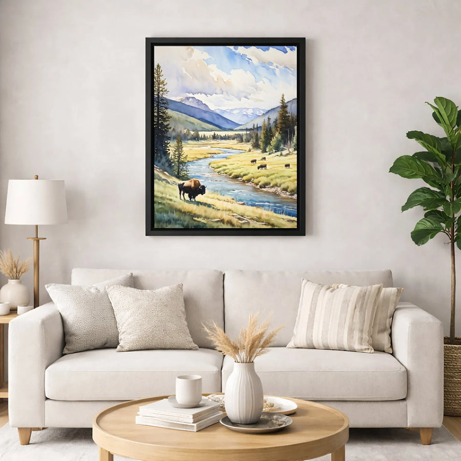 Bison Wall Art | Mountain Valley Landscape Watercolor Print | 1.25-Inch Premium Gallery Canvas | Rustic Nature Home Decor Gift