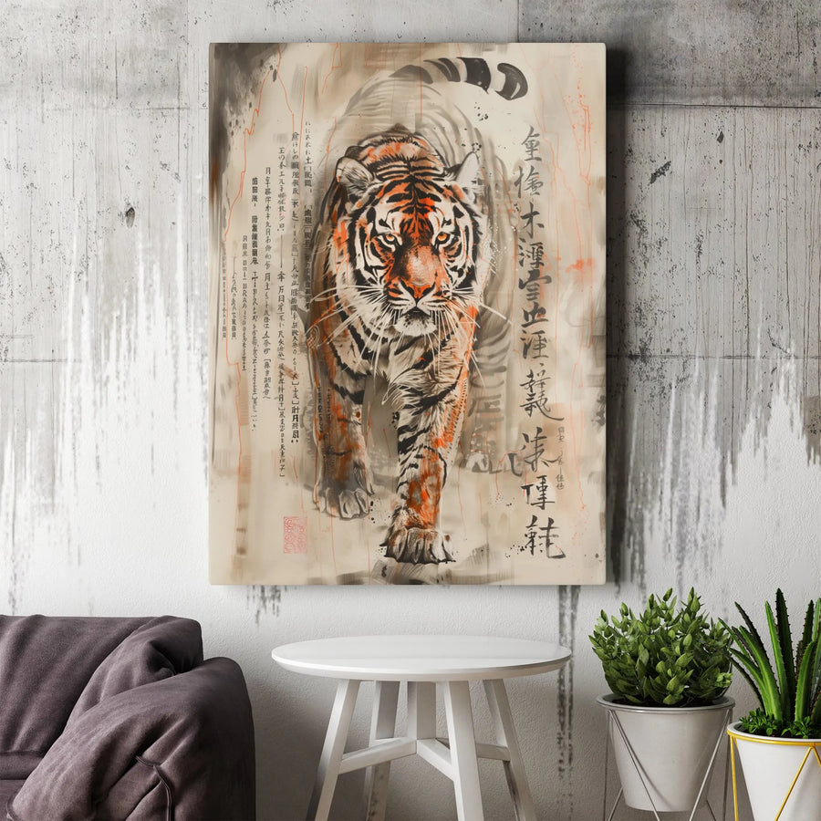Japanese Tiger Canvas Wall Art | Ink Wash Calligraphy Painting | Premium Frameless Canvas | Gift for Living Room & Office Decor