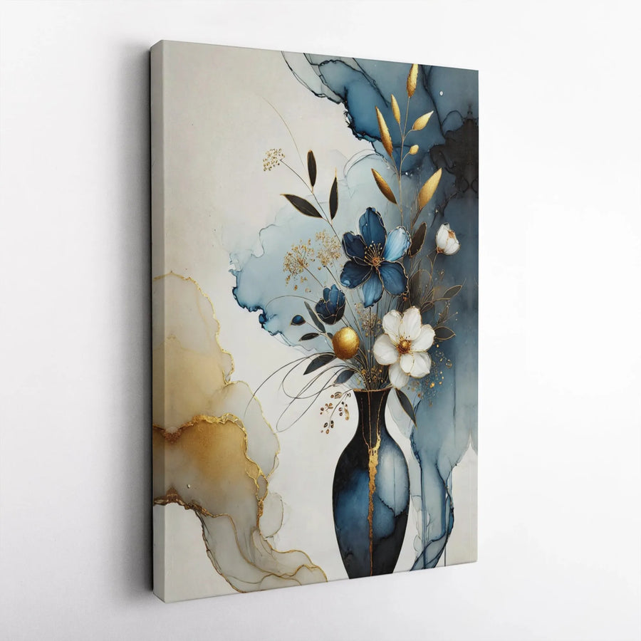 Abstract Blue and Gold Floral Canvas Wall Art | Luxury Watercolor Flower Vase Print | 1.25 Inch Gallery Wrap | Modern Home Decor for Living Room