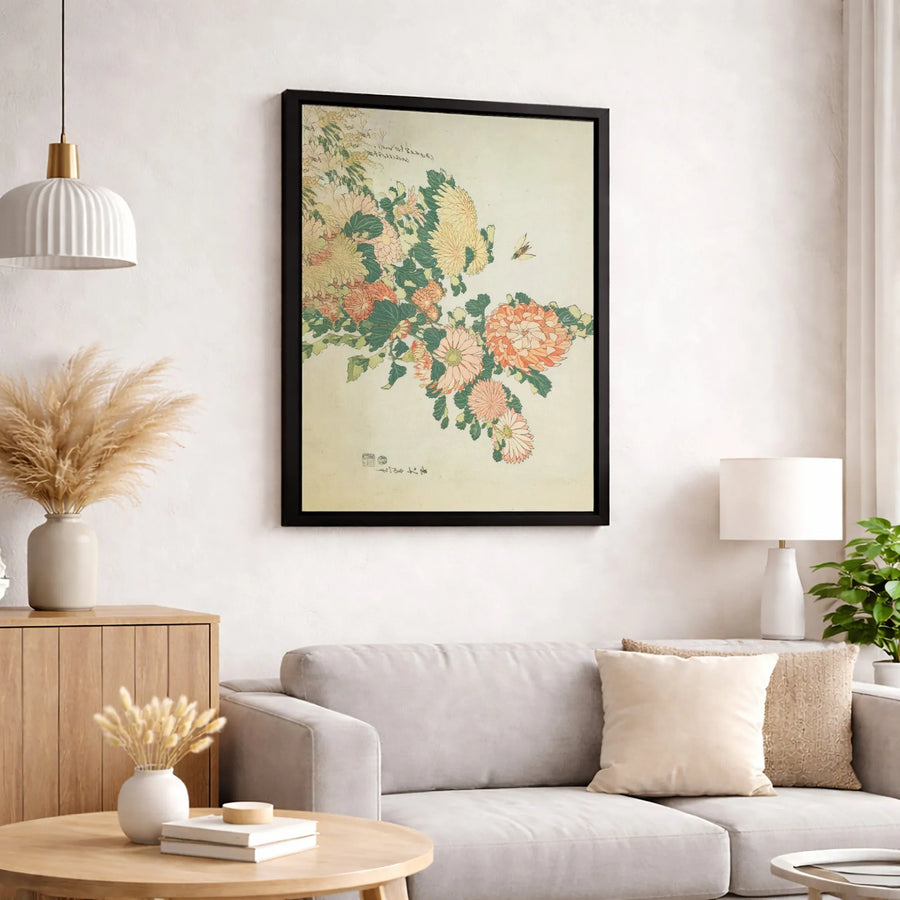 Japanese Chrysanthemum Canvas Wall Art | Vintage Botanical Bee Illustration | Premium Fade-Resistant Print | Elegant Home Office Decor Gift