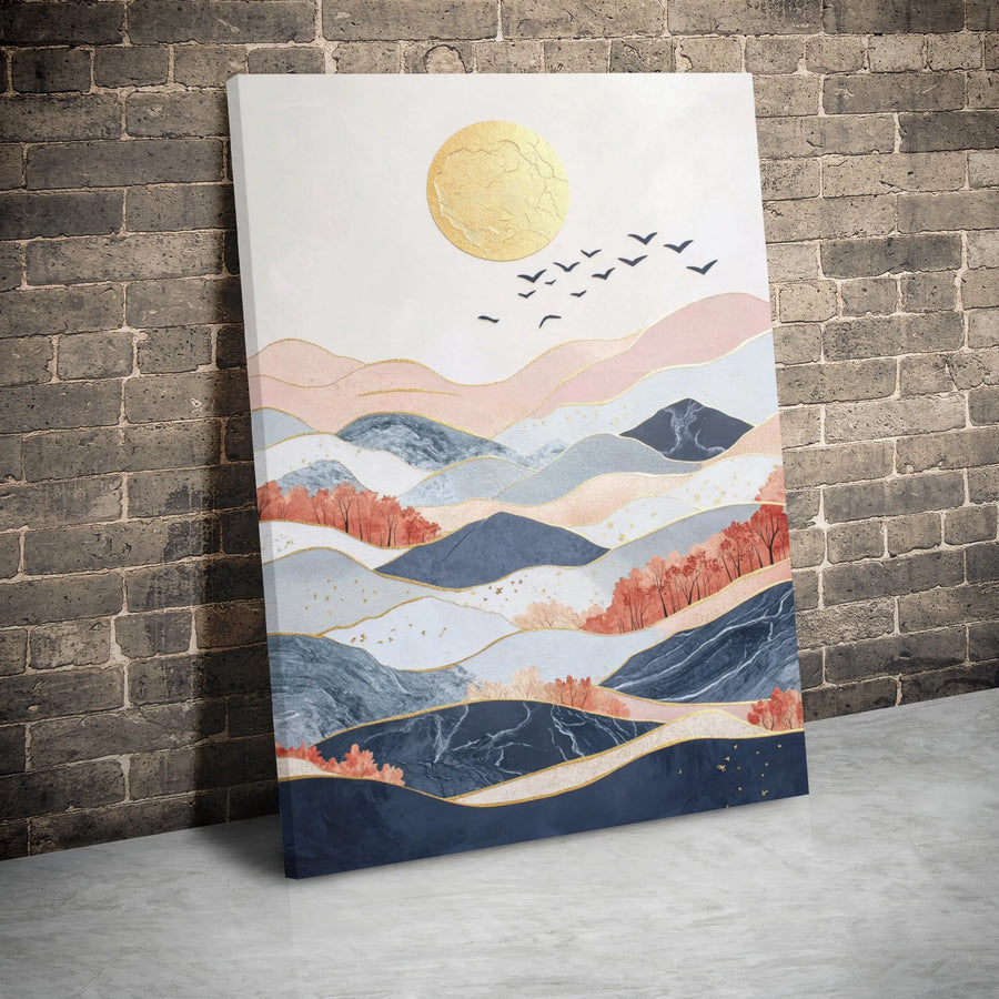 Abstract Mountain Landscape Canvas Art | Golden Sun Minimalist Wall Decor | Premium Gallery Wrapped Print | Modern Living Room Home Interior Decor