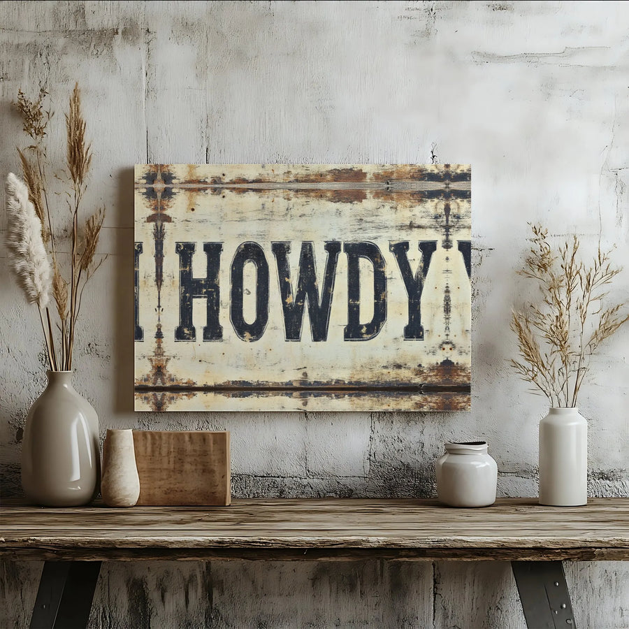 Howdy Wall Art Canvas | Rustic Distressed Wood Design | 1.25-Inch Premium Gallery Wrap | Western Farmhouse Home Decor Gift