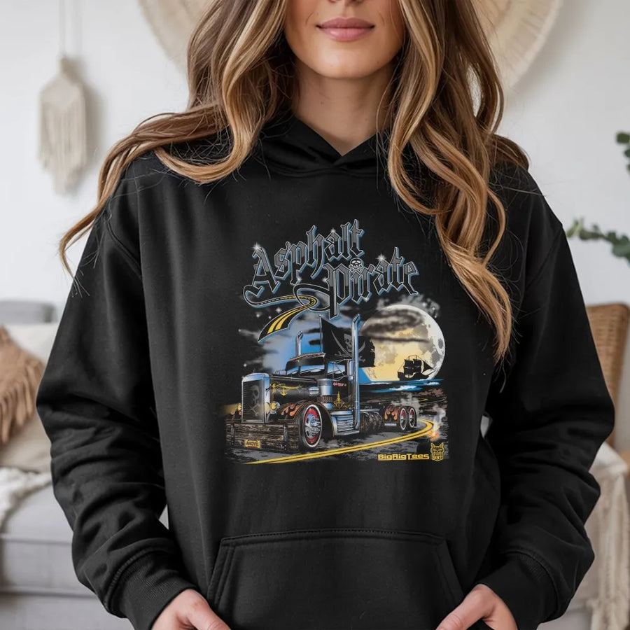 Asphalt Pirate Trucker Hoodie | Retro Big Rig Graphic Crewneck | Plush Cotton Blend | Unique Gift for Truck Drivers & Semi Fans