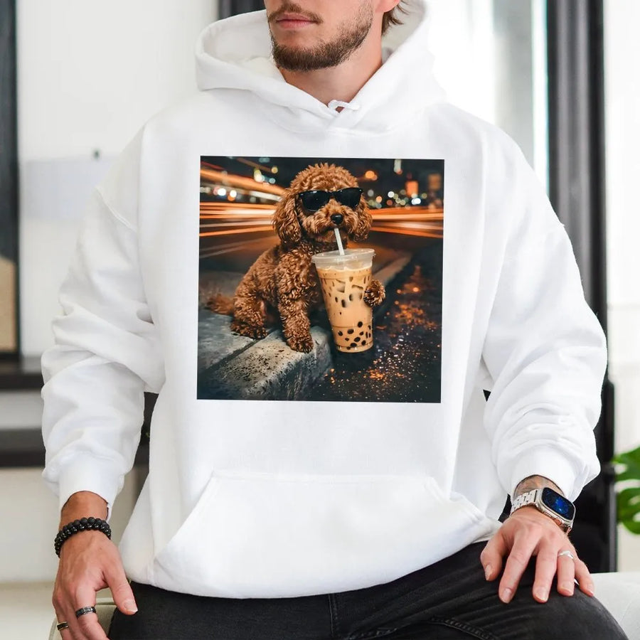 Funny Dog Hoodie | Poodle with Sunglasses Drinking Boba Tea Graphic | Premium Cotton Blend | Gift for Dog Lovers and Coffee Fans