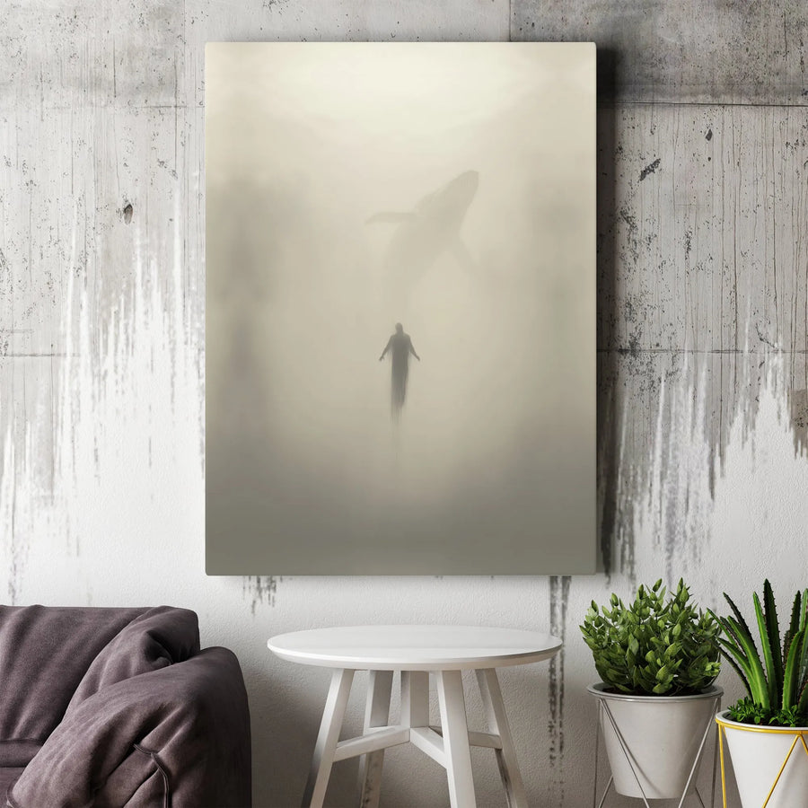 Surreal Whale Canvas Print | Misty Dreamscape with Levitating Figure | Premium Gallery Wrap Canvas | Collector's Gift for Modern Home Decor