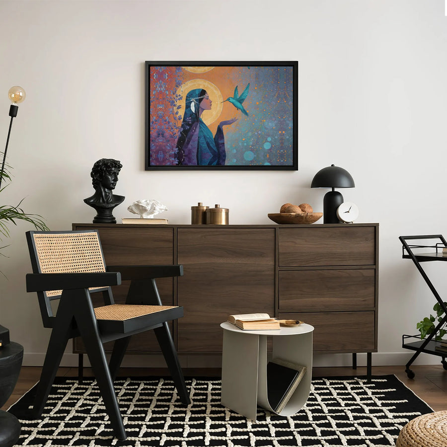 Indigenous Woman Hummingbird Canvas Print | Spiritual Native American Wall Art | Premium Fade-Resistant Gallery Wrap | Boho Home Decor Gift