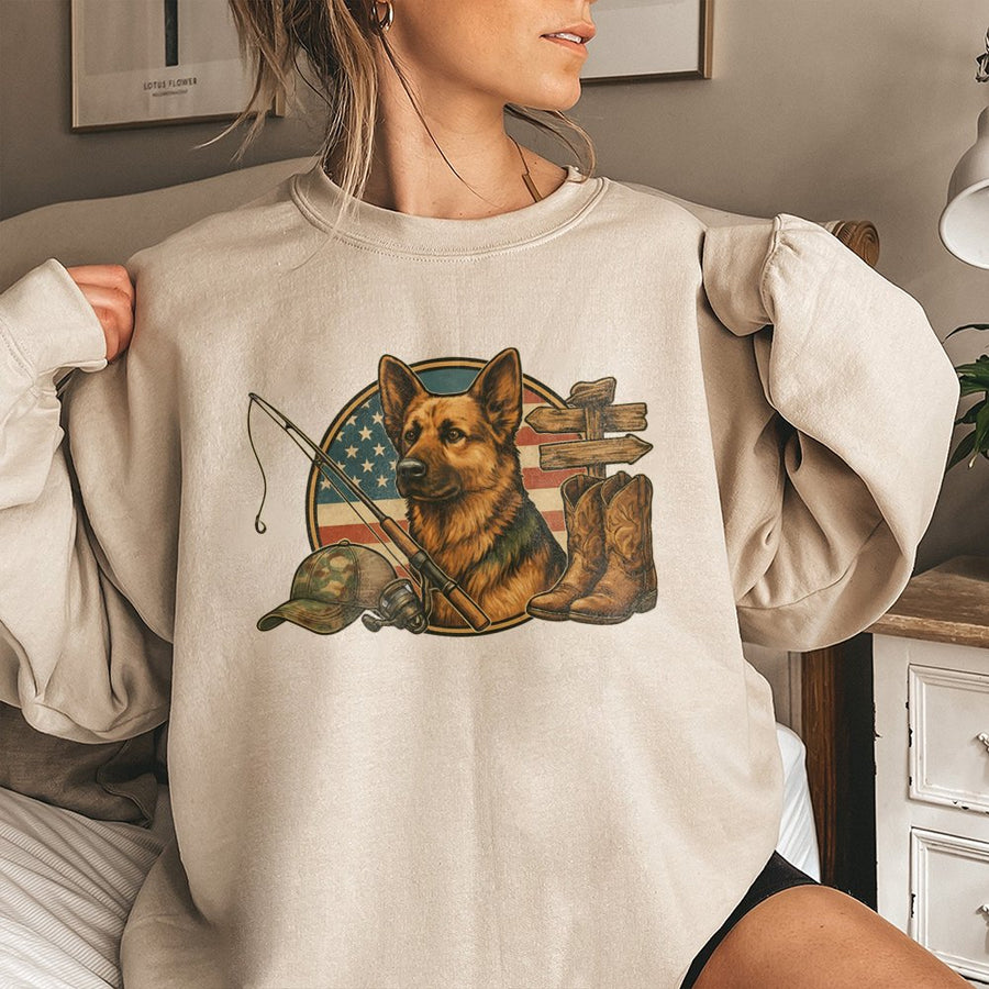 German Shepherd Sweatshirt | Patriotic Country Life Fishing Graphic | Premium Cotton Blend | Gift For Dog Lovers & Outdoorsmen