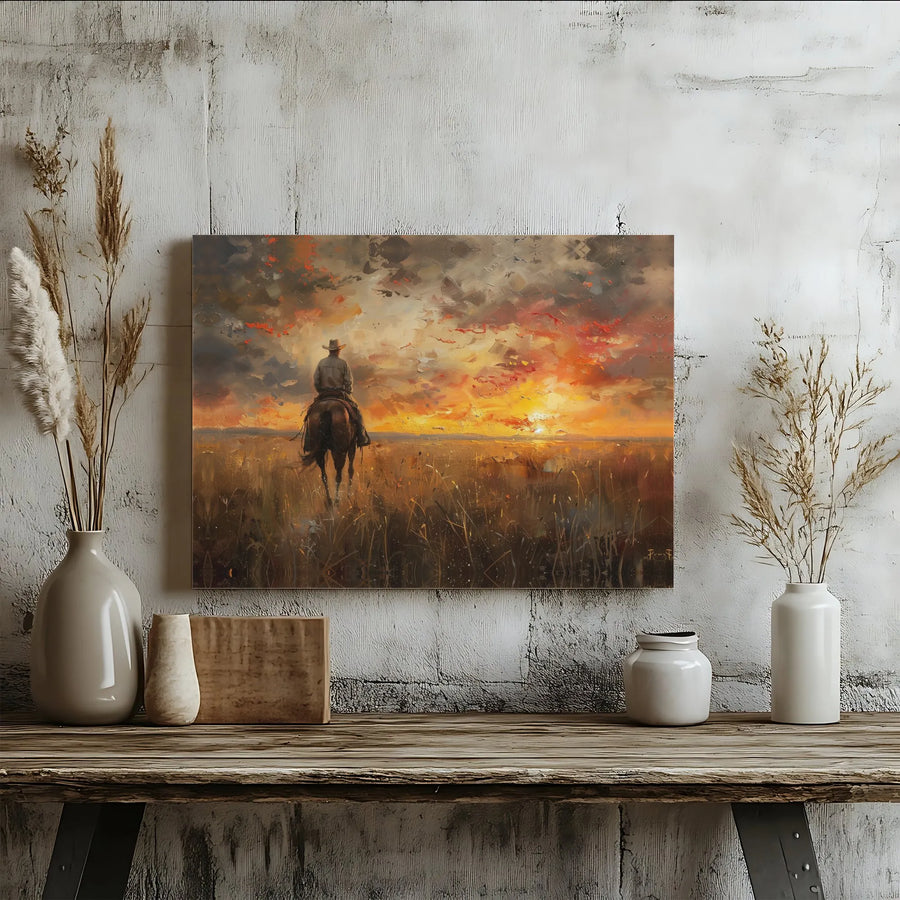 Western Cowboy Painting | Horse Riding Into Dramatic Sunset | Premium Gallery Canvas Print | Rustic Home Decor Wall Art