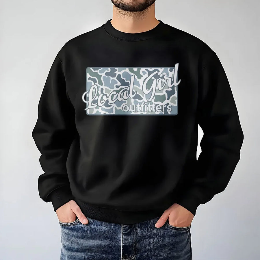 Local Girl Graphic Sweatshirt | Blue Camouflage Print Shirt | Soft 100% Cotton | Hometown Pride Gift for Her