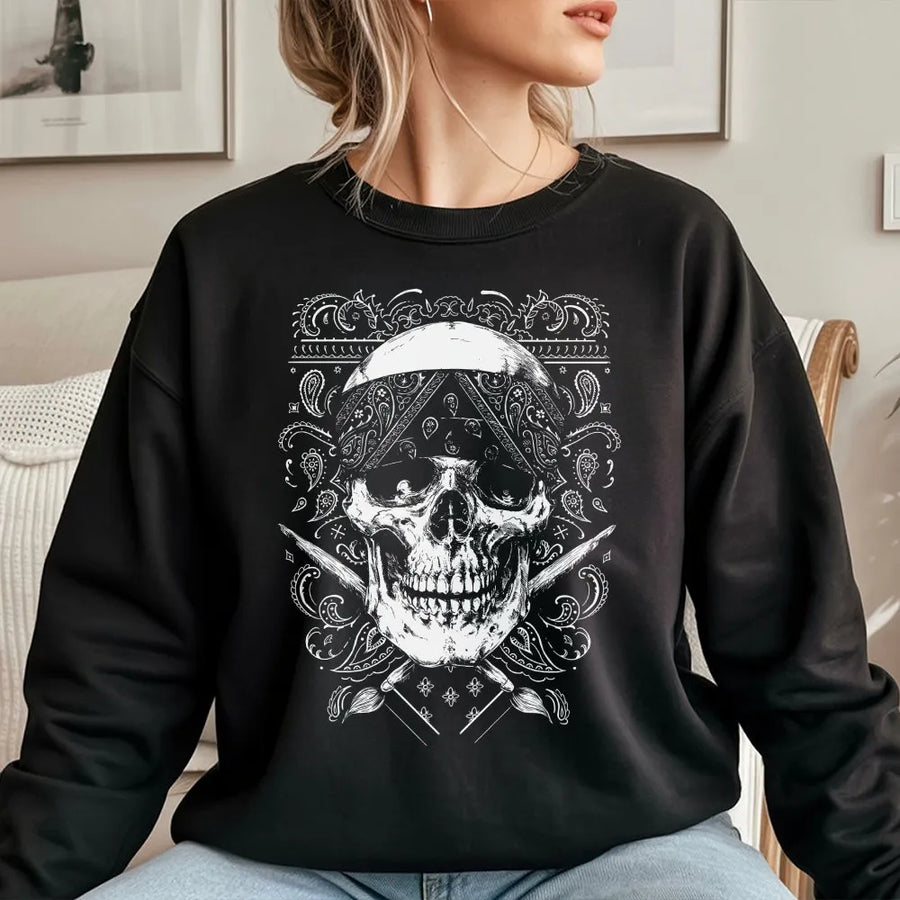 Chicano Skull Sweatshirt | West Coast Streetwear with Bandana Paisley Graphic | Premium Cotton Blend | Unisex Urban Style Gift for Men & Women