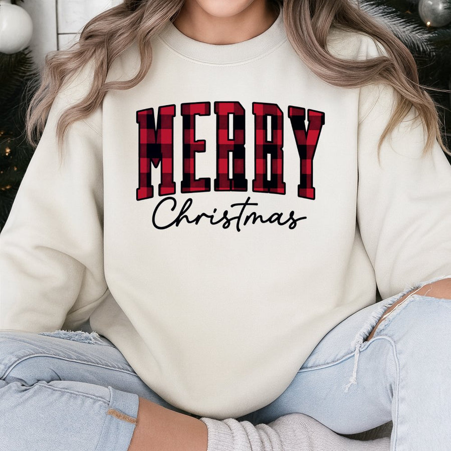 Merry Christmas Sweatshirt | Retro Buffalo Plaid Holiday Graphic | Premium Cotton Blend Unisex Pullover | Festive Winter Gift For Men And Women