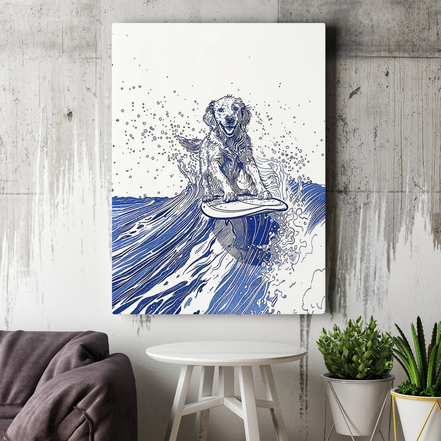 Surfing Golden Retriever Canvas Wall Art | Blue Ink Sketch Style | Premium Gallery Wrap | Coastal Home Decor Gift for Dog Lovers
