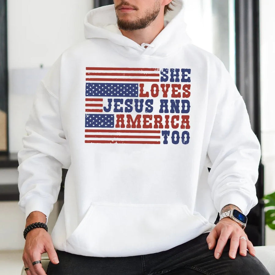 She Loves Jesus And America Too Hoodie | Distressed Patriotic Flag Graphic | Premium Cotton Blend | Christian American Gift for Her