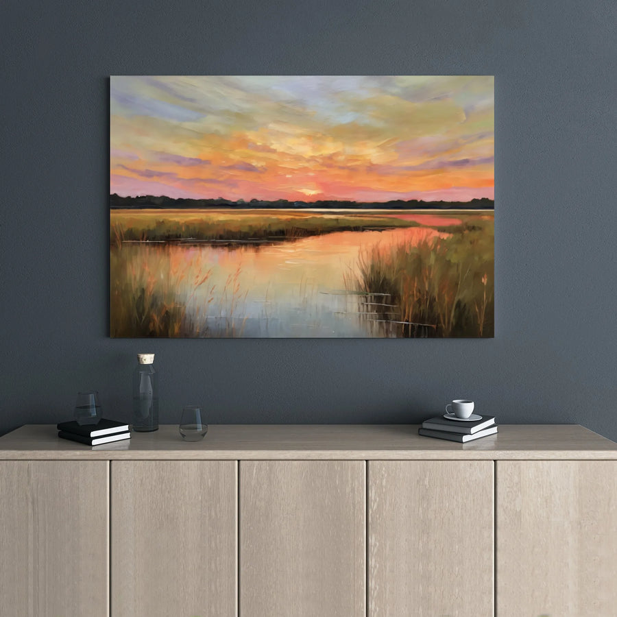 Marsh Landscape Canvas Art | Impressionist Sunset Wall Decor | 1.25 Inch Gallery Wrap | Premium Nature Print for Home Office