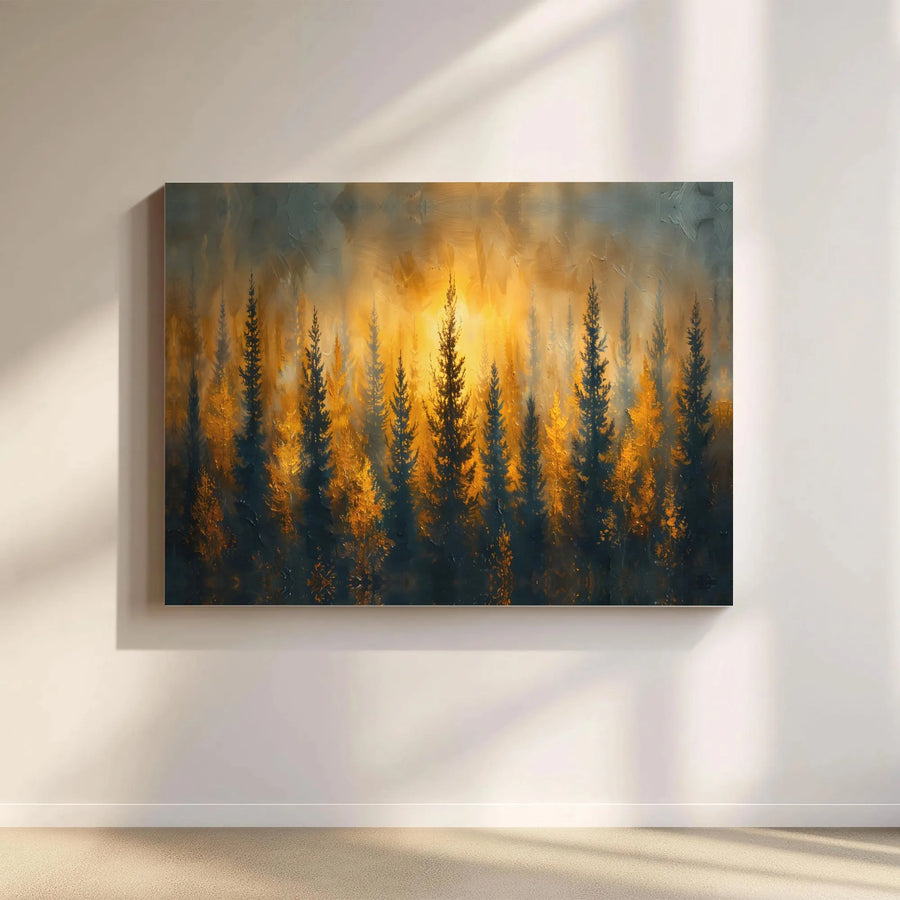 Abstract Pine Forest Canvas | Golden Sunrise Landscape Print | Premium Gallery Wrap Wall Art | Modern Home & Office Decor Gift