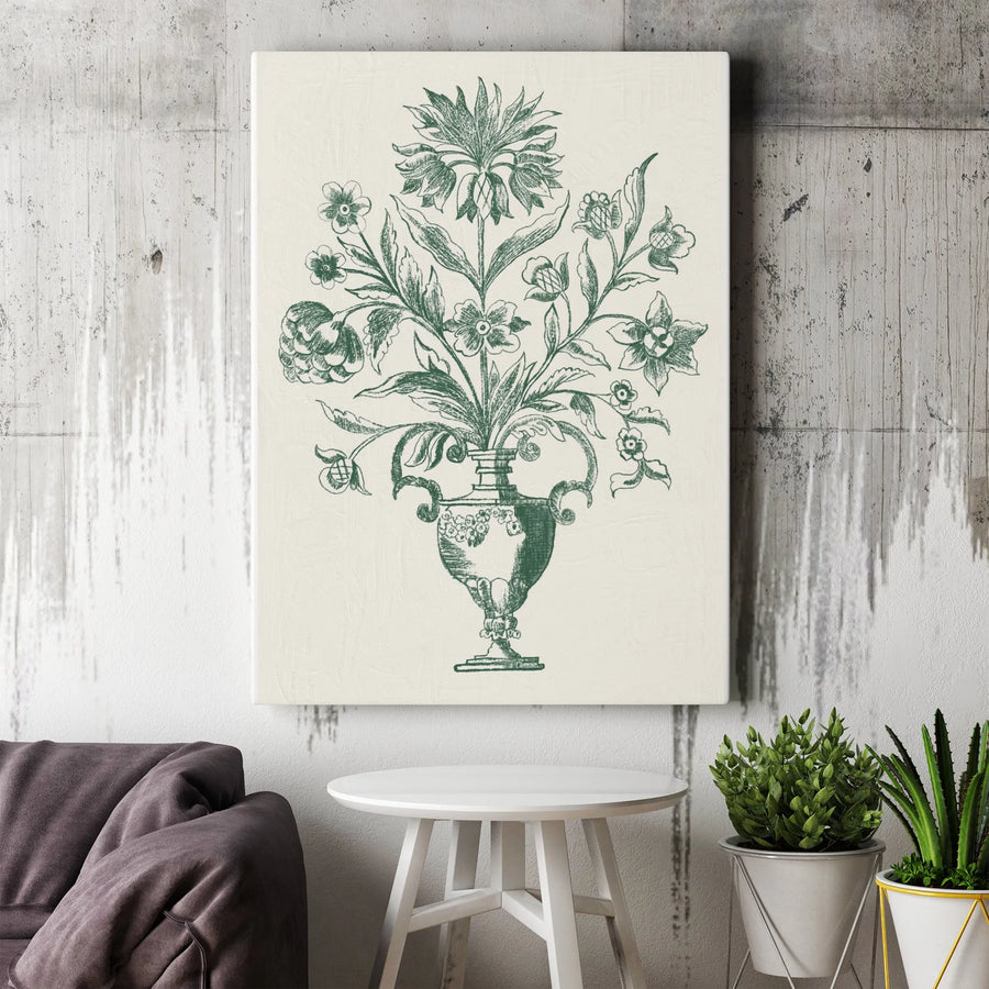 Vintage Floral Canvas Wall Art | Green Botanical Sketch Print | Premium Thick Gallery Canvas | Farmhouse Cottagecore Decor Gift