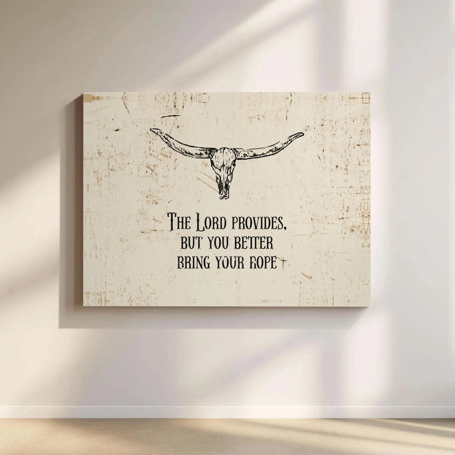 Western Christian Canvas Wall Art | Longhorn Skull with Faith Quote | Premium Gallery Canvas | Rustic Cowboy Home Decor Gift