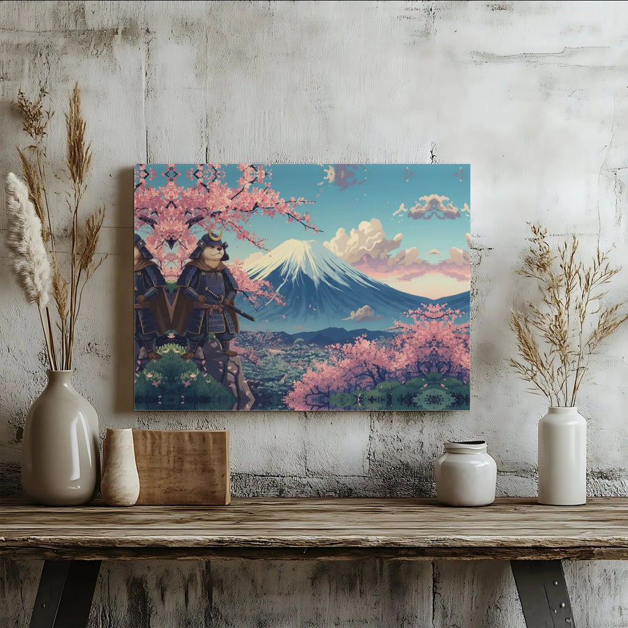 Otter Samurai Canvas Art | Mount Fuji Cherry Blossom Wall Decor | Gallery Wrapped Premium Print | Unique Gift for Animal Lovers & Japan Enthusiasts
