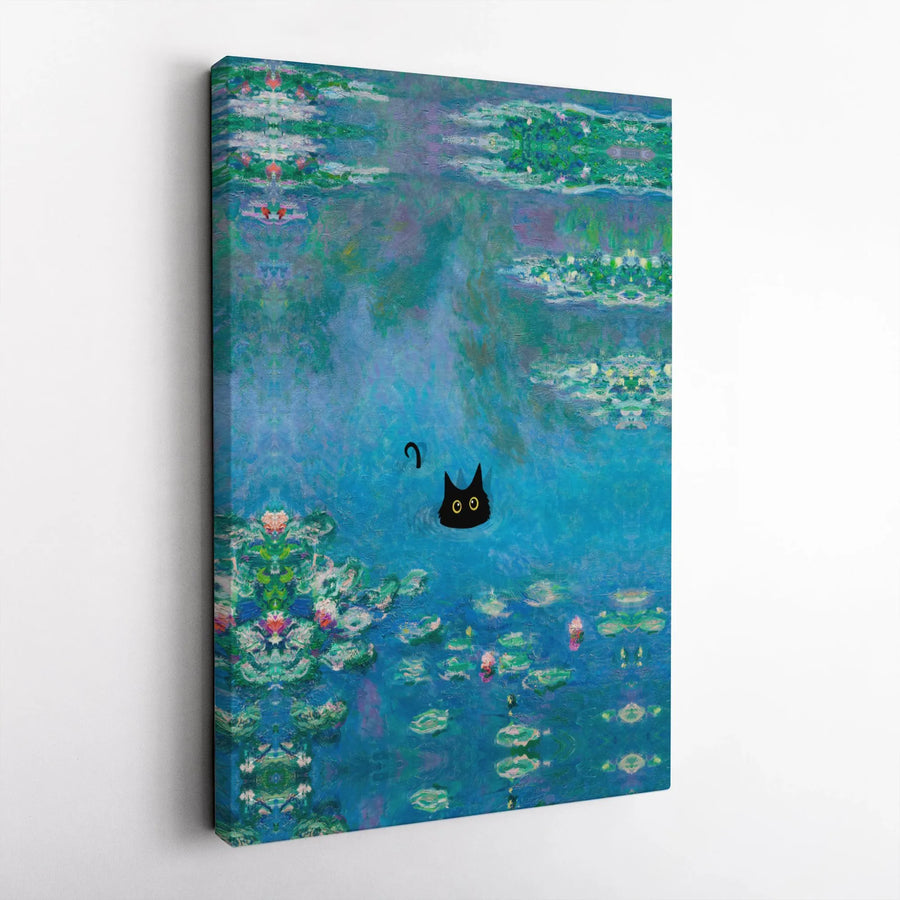 Black Cat Wall Art | Impressionist Water Lilies Pond Canvas | Premium Gallery Wrap Decor | Funny Animal Lover Home Office Gift