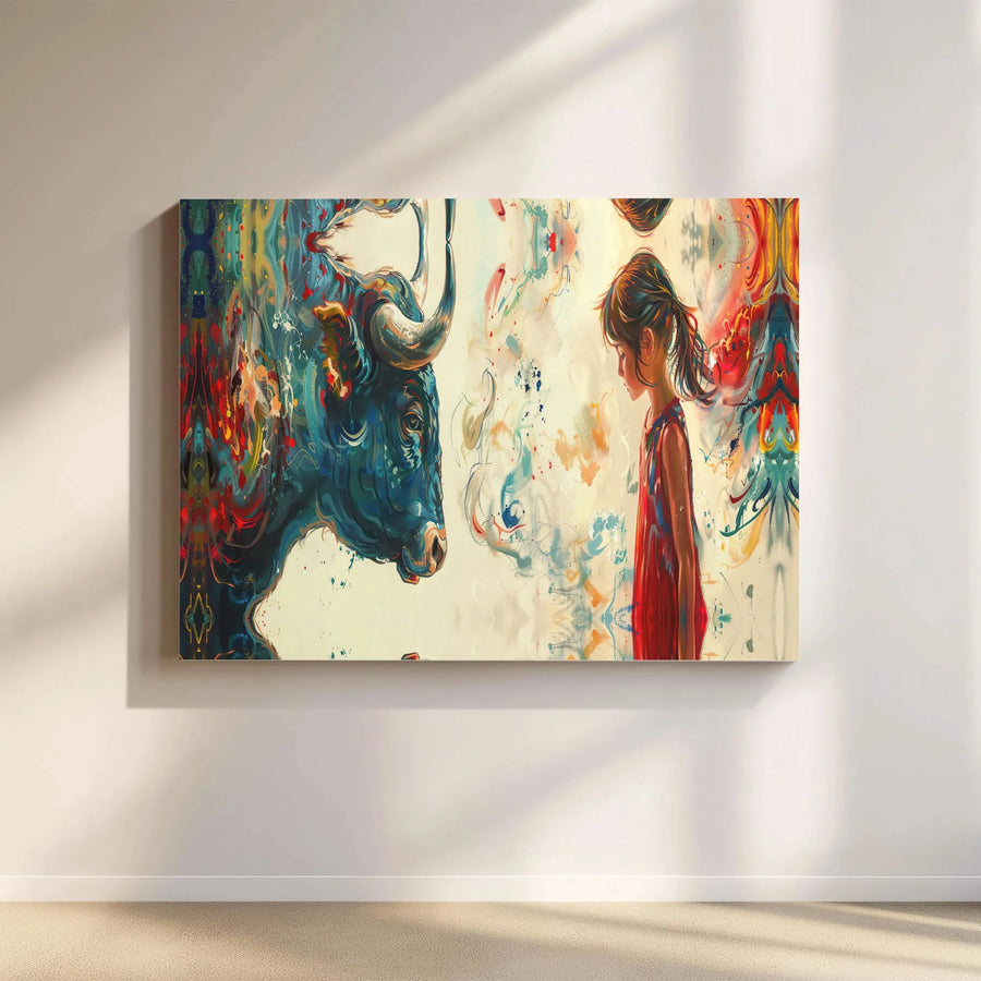 Colorful Bull and Girl Canvas Print | Abstract Surreal Wall Art | Gallery Quality Premium Canvas | Unique Home Decor Gift for Art Lovers