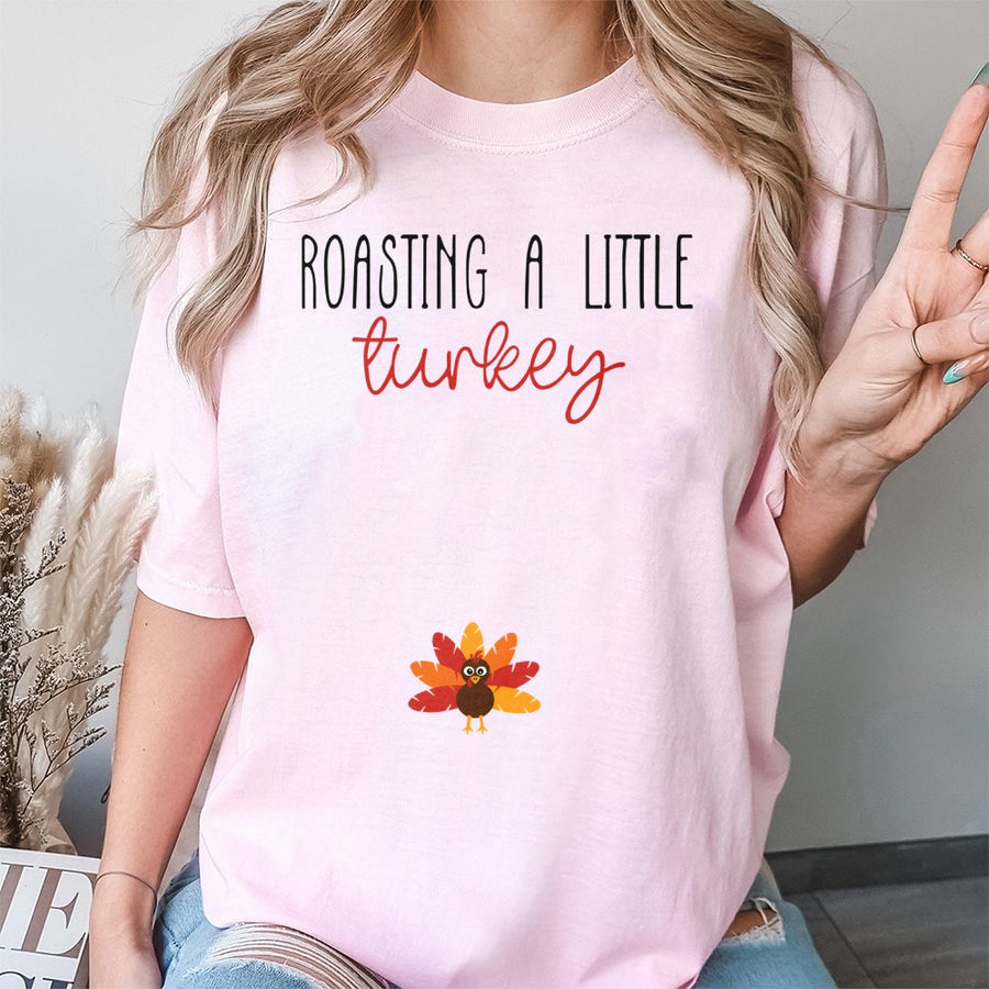Roasting A Little Turkey Pregnancy Announcement Shirt | Funny Thanksgiving Fall Reveal | Soft Cotton Crewneck | Cute Mom To Be Gift