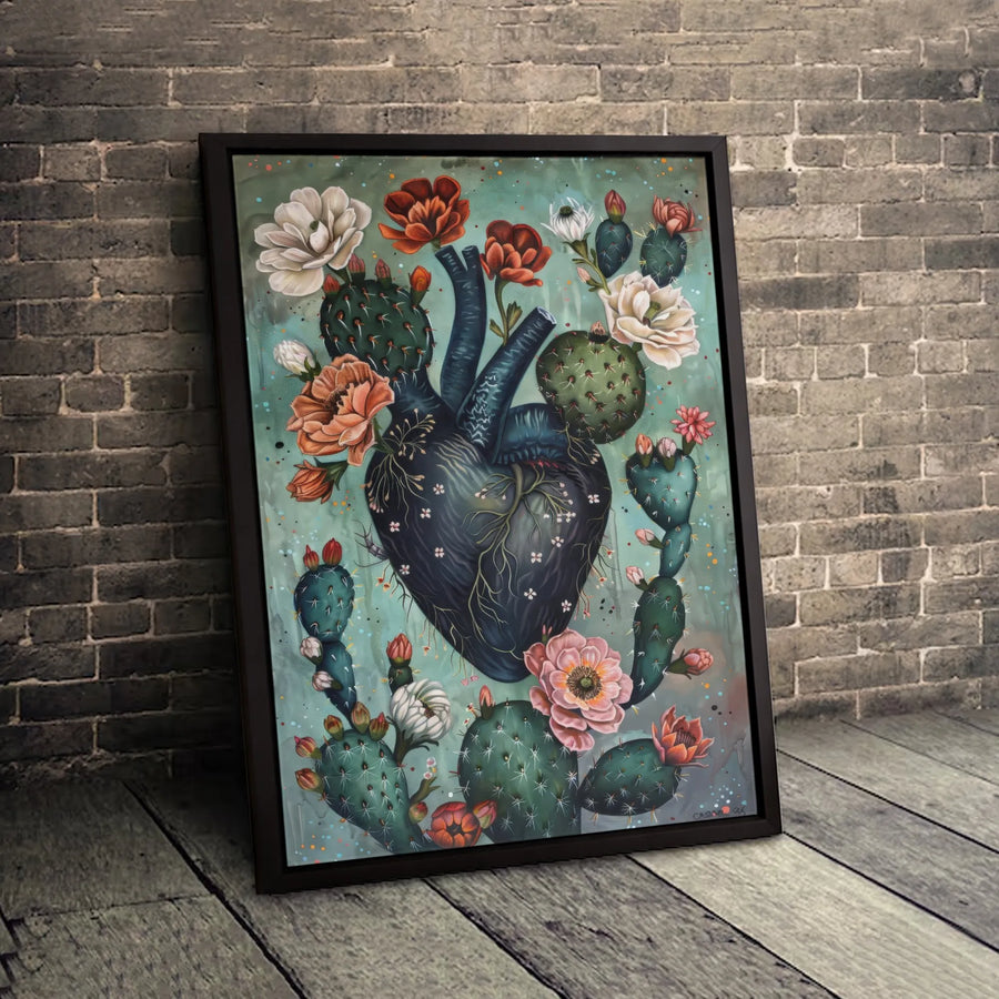 Anatomical Heart Canvas Art | Blooming Cactus Floral Wall Decor | Premium Gallery Wrap Print | Botanical Gothic Home Office Gift
