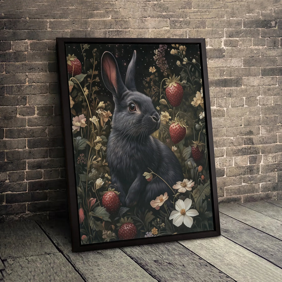 Black Rabbit Wall Art | Midnight Strawberry Patch Illustration | Gallery Quality Framed Canvas Print | Whimsical Nature Home Decor Gift