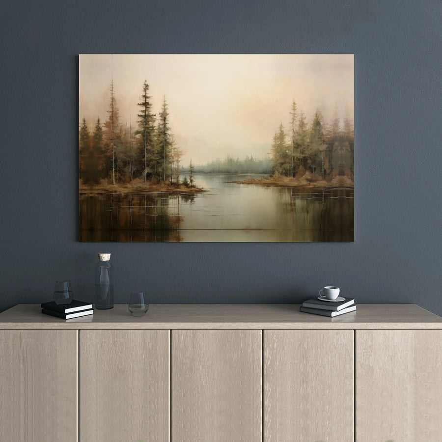 Misty Forest Lake Canvas Art | Serene Pine Tree Landscape Reflection | Premium Gallery Wrapped Decor | Modern Nature Wall Print for Living Room