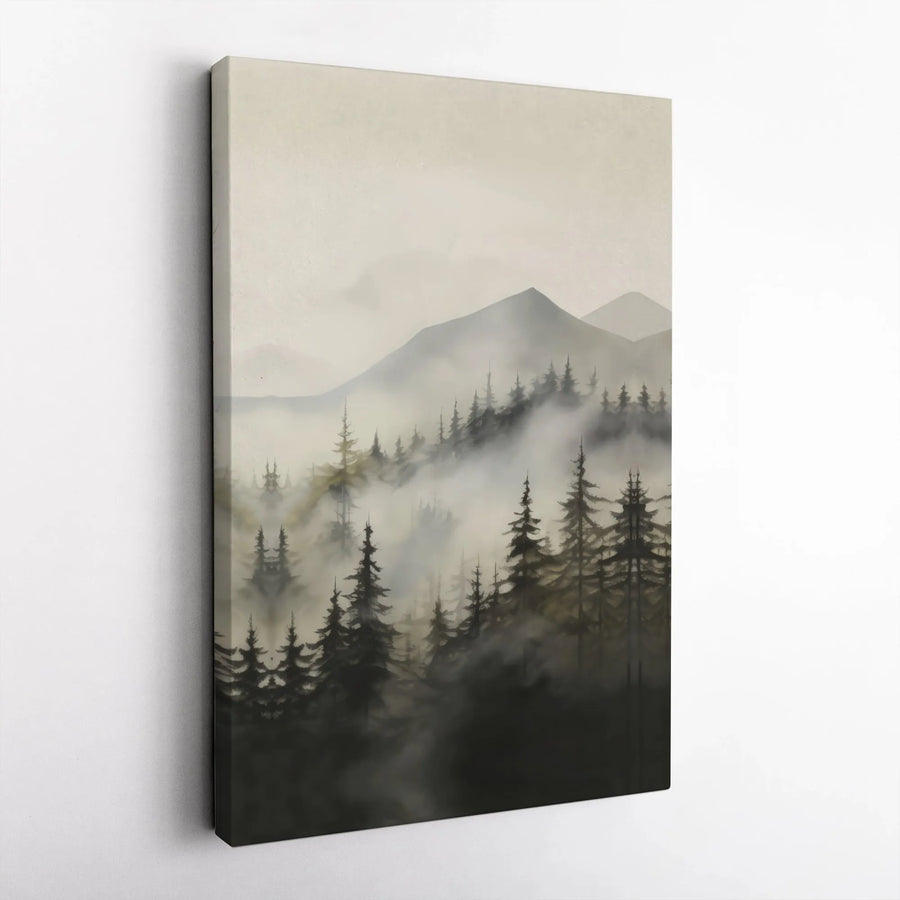 Misty Mountain Forest Canvas Wall Art | Foggy Pine Trees Landscape | Premium Gallery Wrap Stretched Print | Nature Lover Home Office Decor