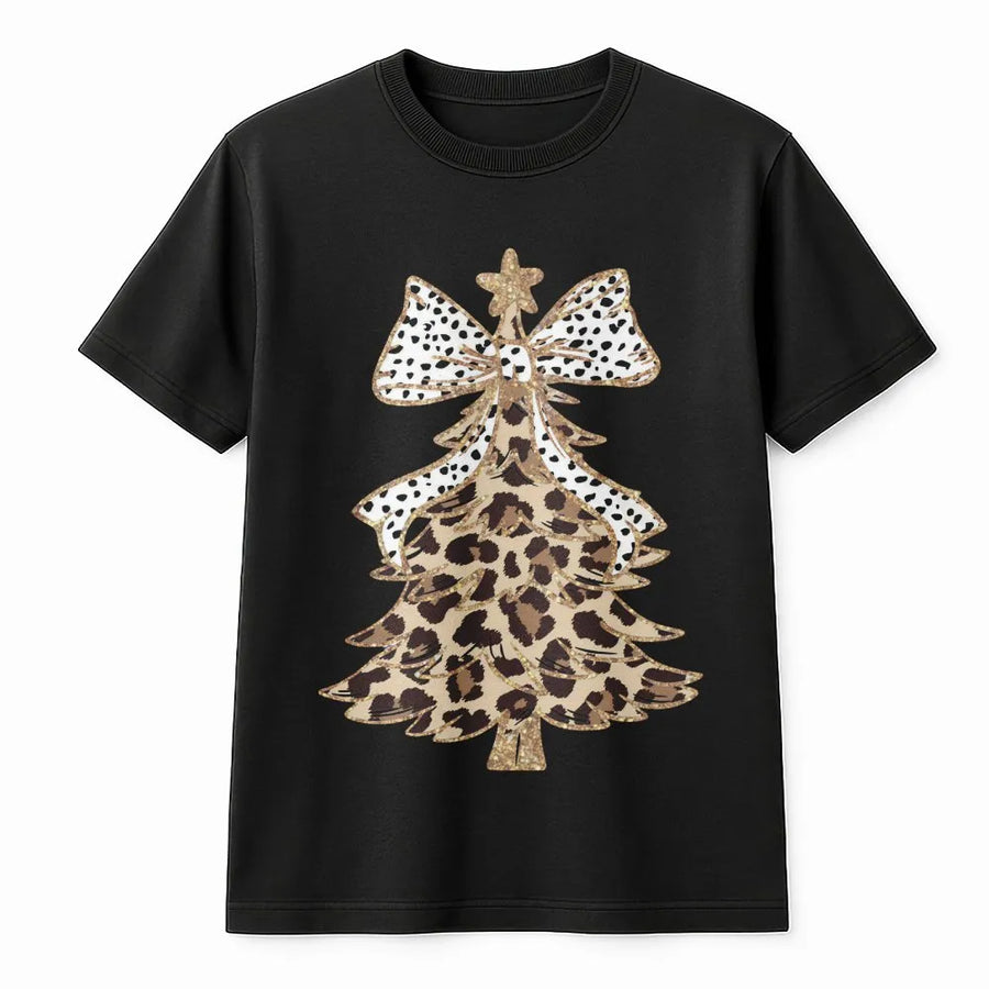 Leopard Print Christmas Tree T-Shirt | Festive Polka Dot Bow Graphic | Soft Cotton Holiday Apparel | Cute Women's Winter Gift