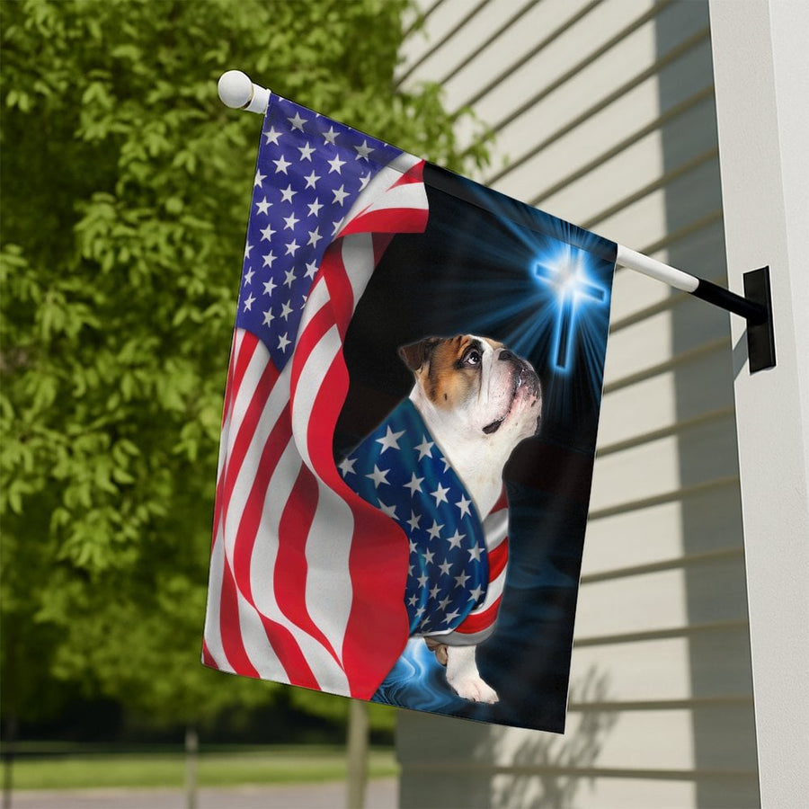 Bulldog American Flag Garden Flag | Christian Cross Patriotic Design | Weather-Resistant Premium Polyester | Gift for Dog Lovers and Veterans