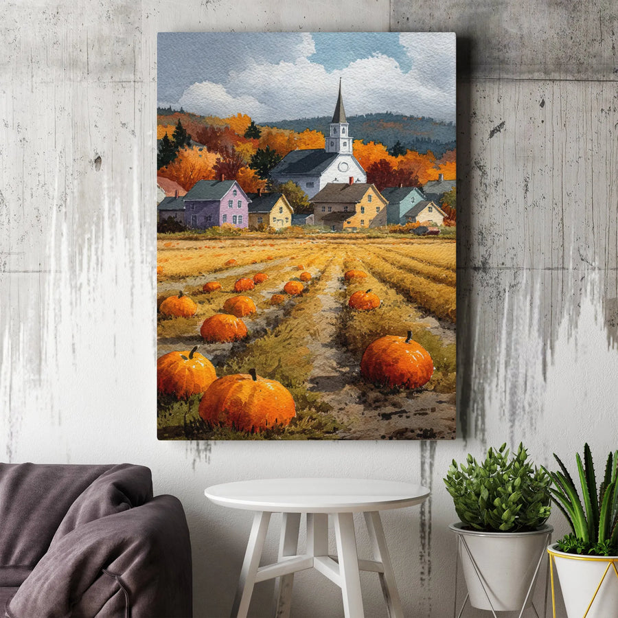 Autumn Pumpkin Patch Wall Art | Watercolor Village Church Landscape | Gallery Wrapped Canvas Decor | Rustic Farmhouse Seasonal Gift