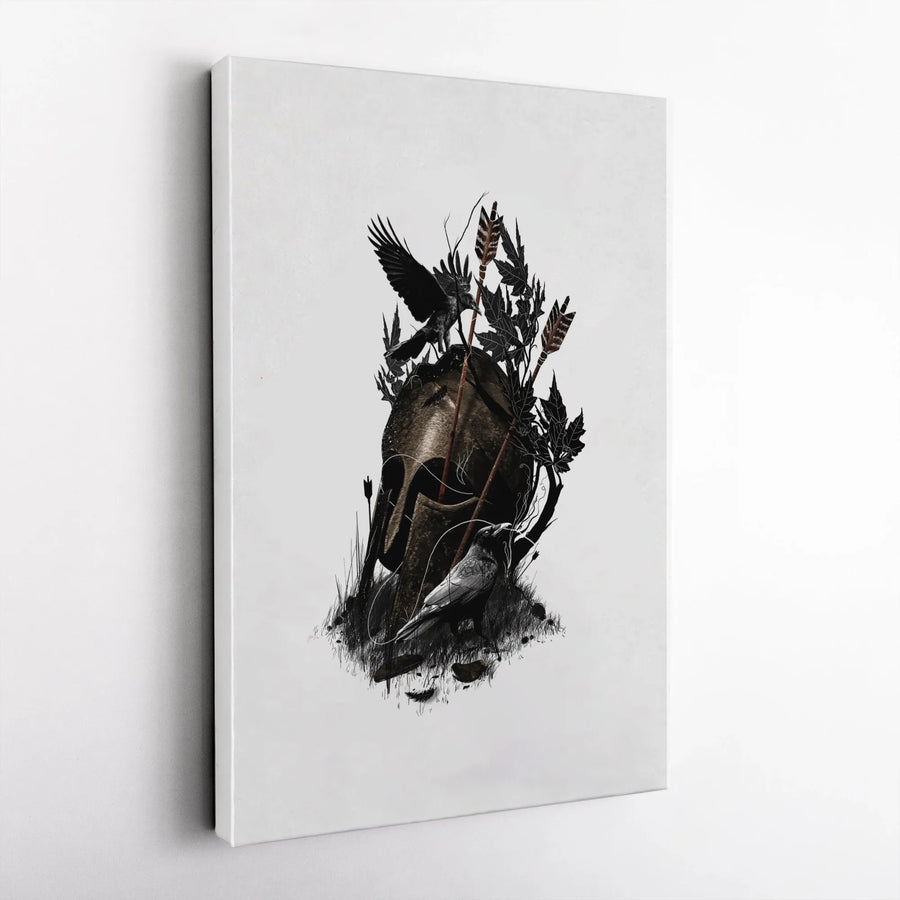 Spartan Helmet Canvas Wall Art | Fallen Warrior with Ravens Sketch | Premium 1.25" Thick Canvas | Stoic Man Cave Decor Gift for Men