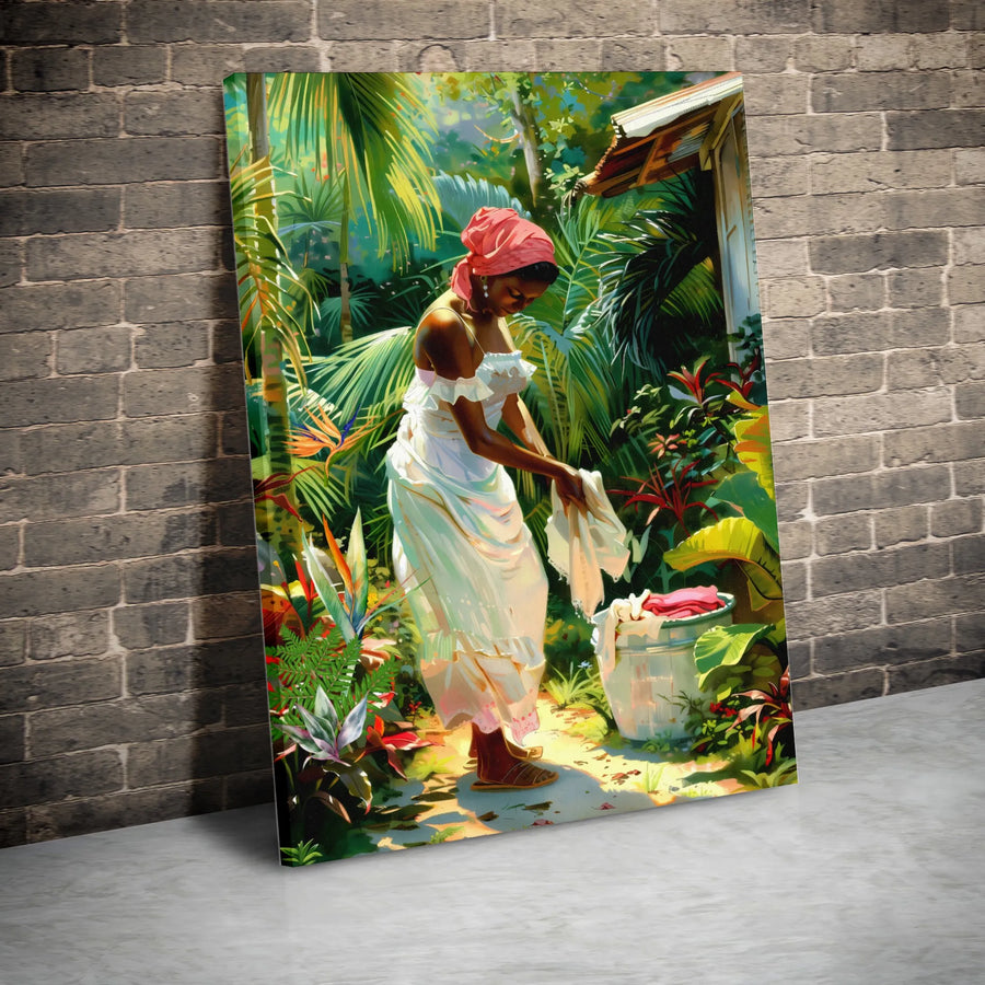 Black Woman Art Canvas | Tropical Garden Laundry Scene | Premium 1.25-Inch Gallery Wrap | African American Wall Decor
