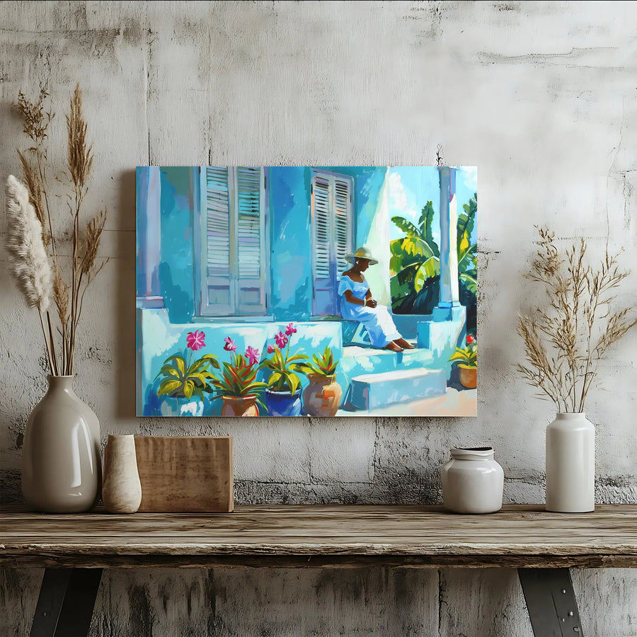 Caribbean Woman Canvas Print | Tropical Porch Scene Painting | Premium Fade-Resistant Art | Living Room Decor Gift
