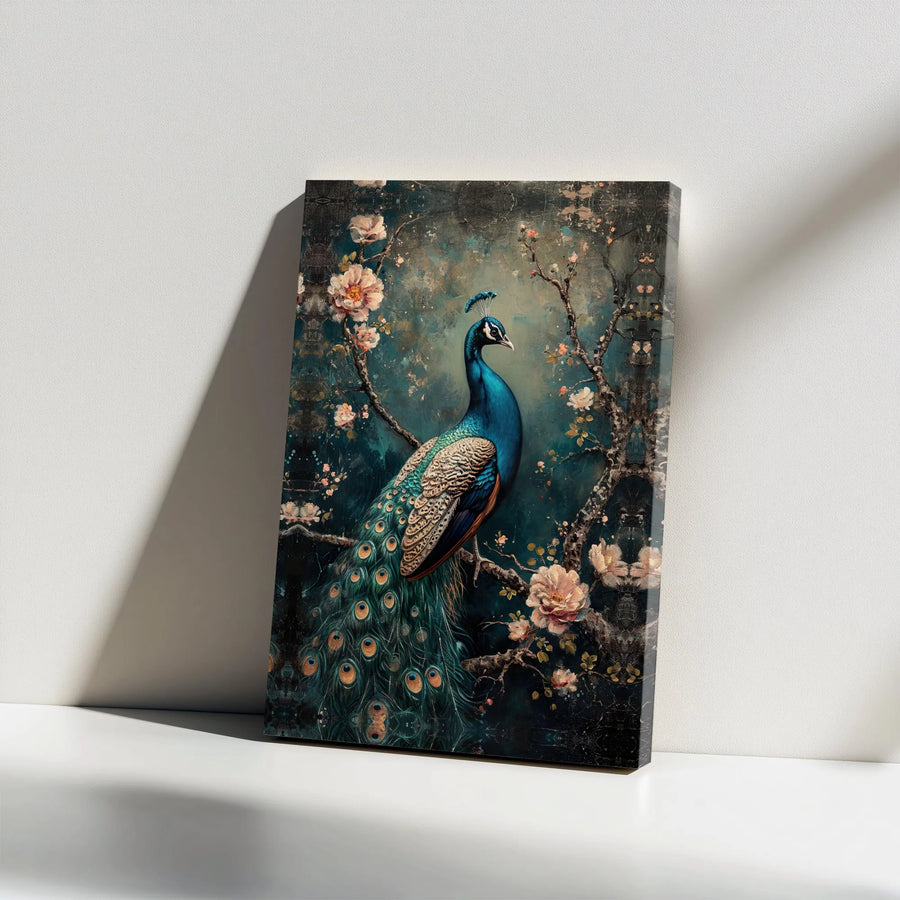 Peacock Wall Art Canvas | Vintage Floral Bird Illustration | Gallery Wrap 1.25 Inch Wood Frame | Elegant Home Decor For Bedroom Living Room