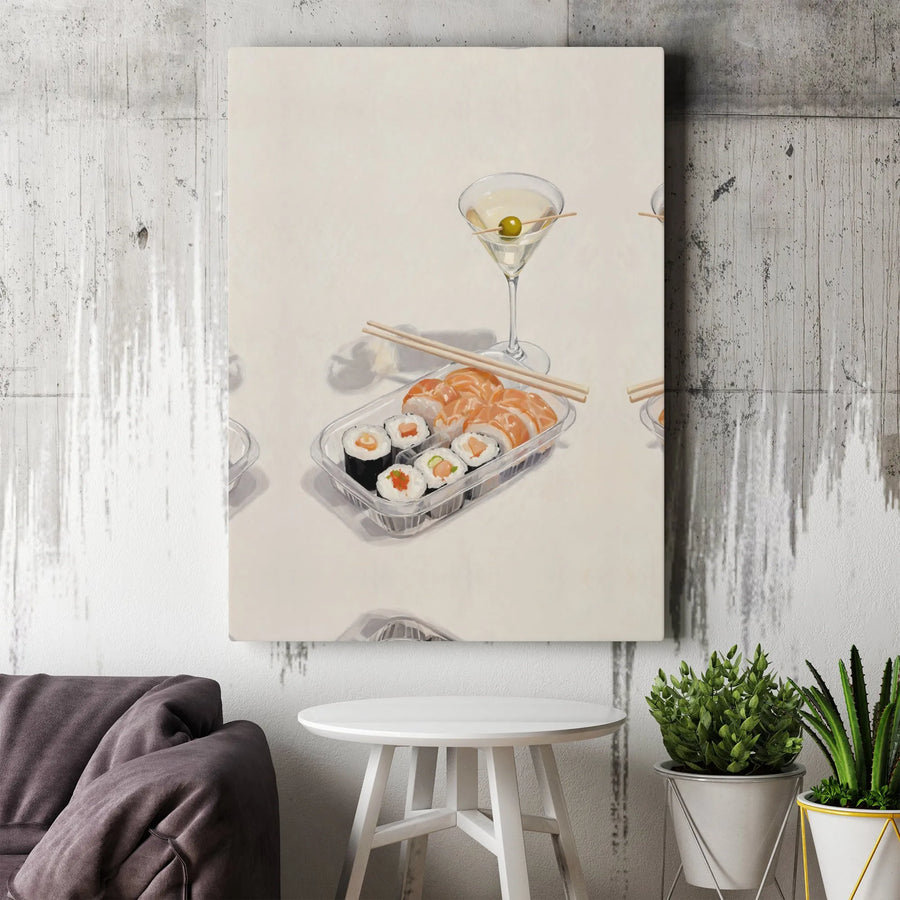 Sushi and Martini Still Life Canvas Art | Contemporary Kitchen Wall Decor | Premium Stretched Gallery Wrap | Unique Foodie Gift Idea
