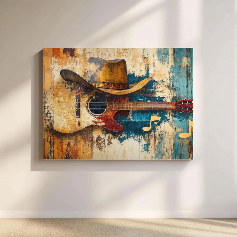 Rustic Country Music Wall Art | Cowboy Hat on Acoustic Guitar Print | Premium Gallery Wrapped Canvas | Western Home Decor Gift for Guitarist