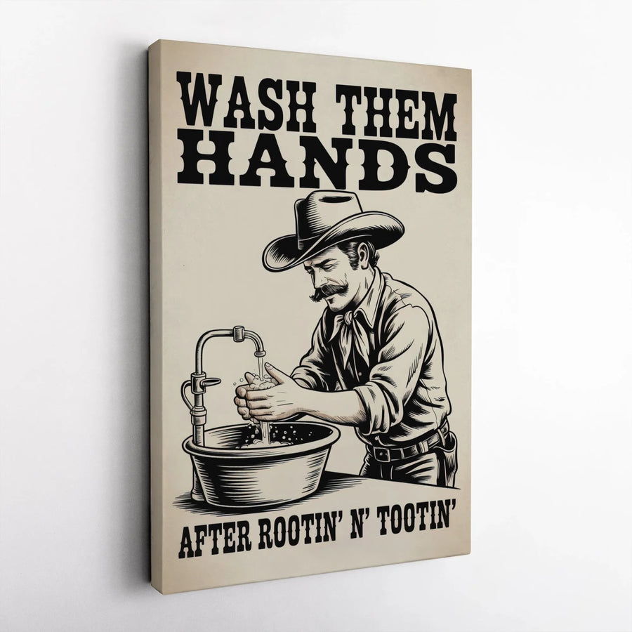 Wash Them Hands Canvas Art | Vintage Western Cowboy Bathroom Decor | Gallery Wrapped Premium Print | Funny Farmhouse Wall Sign Gift for Men