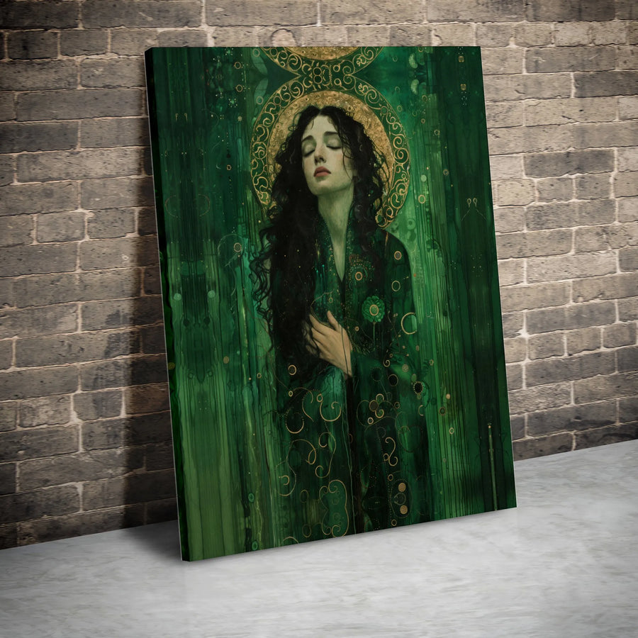 Emerald Goddess Wall Art | Mystical Woman With Golden Halo Print | Gallery Wrapped Premium Canvas | Ethereal Decor For Spiritual Home Living