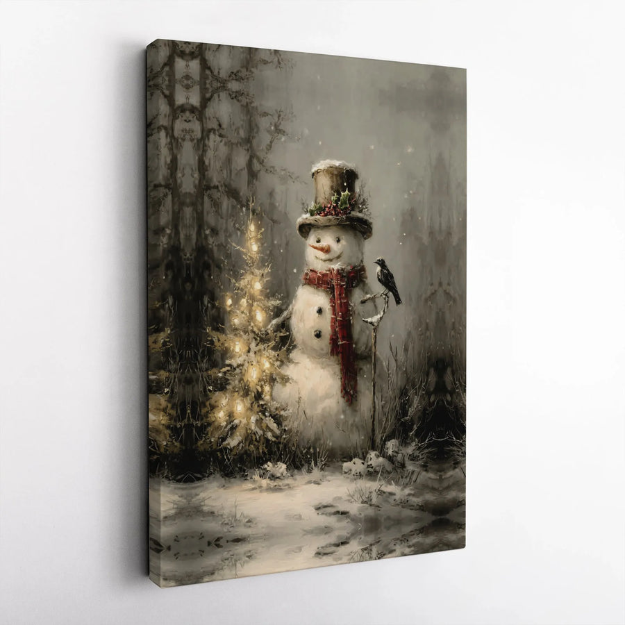 Vintage Snowman Wall Art | Lighted Christmas Tree Scene | Premium Gallery Wrap Canvas | Rustic Holiday Home Decor Gift