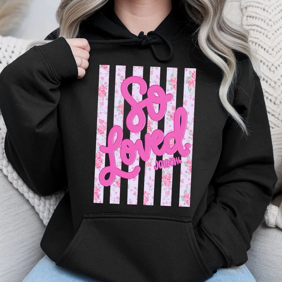 So Loved Hoodie | John 3:16 Coquette Floral Pullover | Cozy Cotton Blend | Christian Faith Gift for Women, Religious Apparel