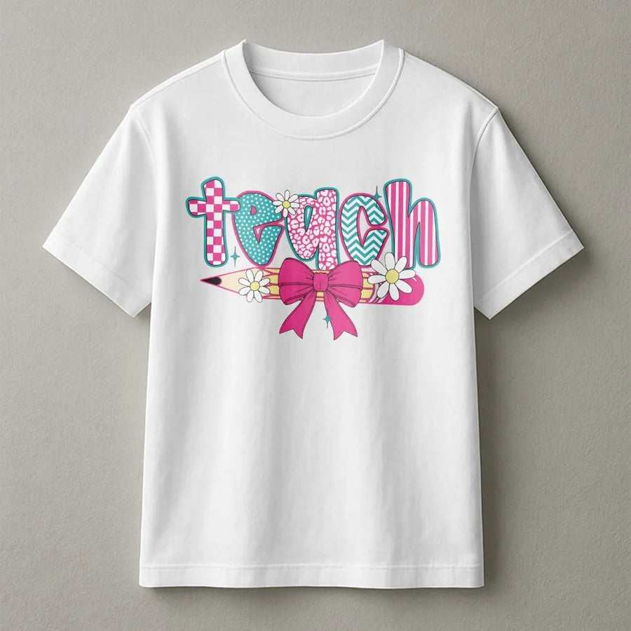 Coquette Teacher T-Shirt | Retro Floral Pencil & Teach Graphic | Soft Cotton Tee | Teacher Appreciation Gift for Her