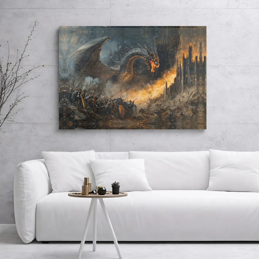Dragon Wall Art Canvas | Epic Fantasy Battle Scene Fire Breather | Premium Gallery Wrapped Decor | Gift for Fantasy Fans & Gamer Room