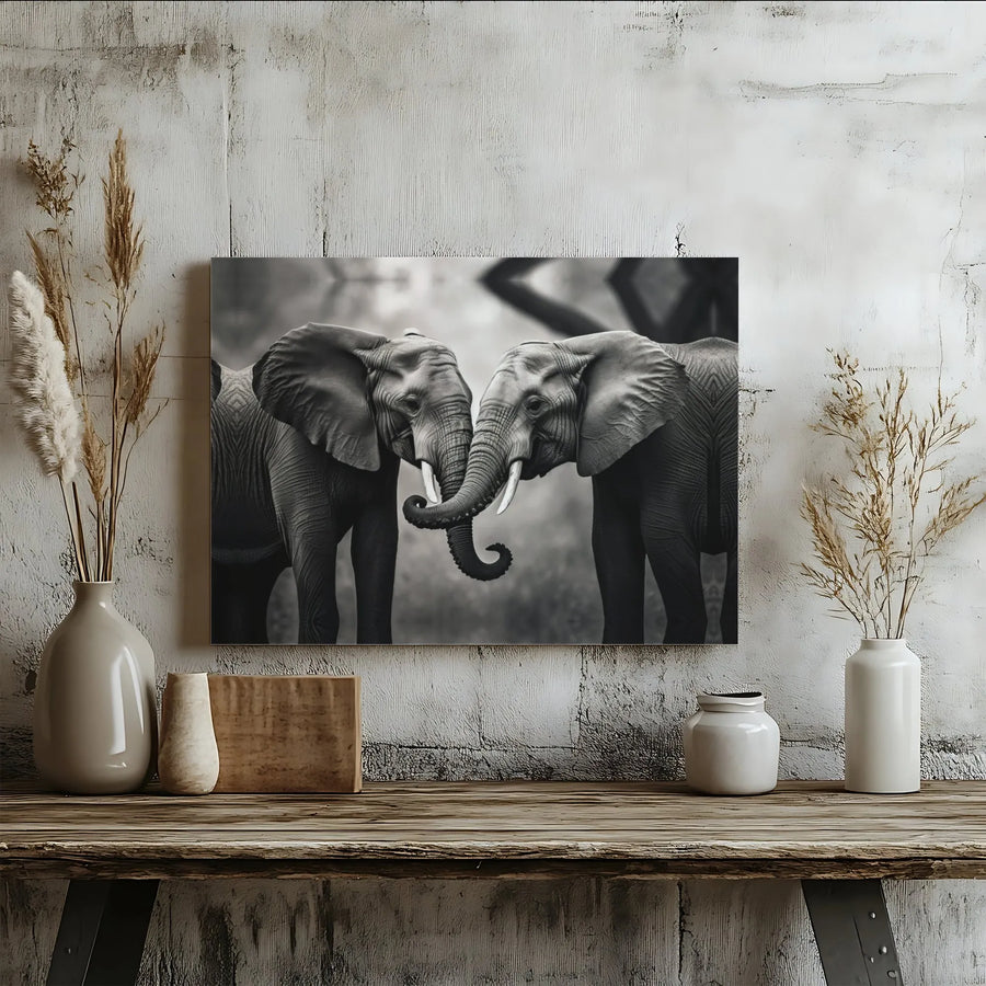 Elephant Canvas Wall Art | Intertwined Trunks Black and White Print | 1.25-inch Premium Gallery Wrap | Modern Home Office Decor Gift